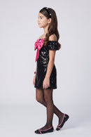 Barbie Girls Black Sequin Off-Shoulder Dress with Pink Bow BAM1245