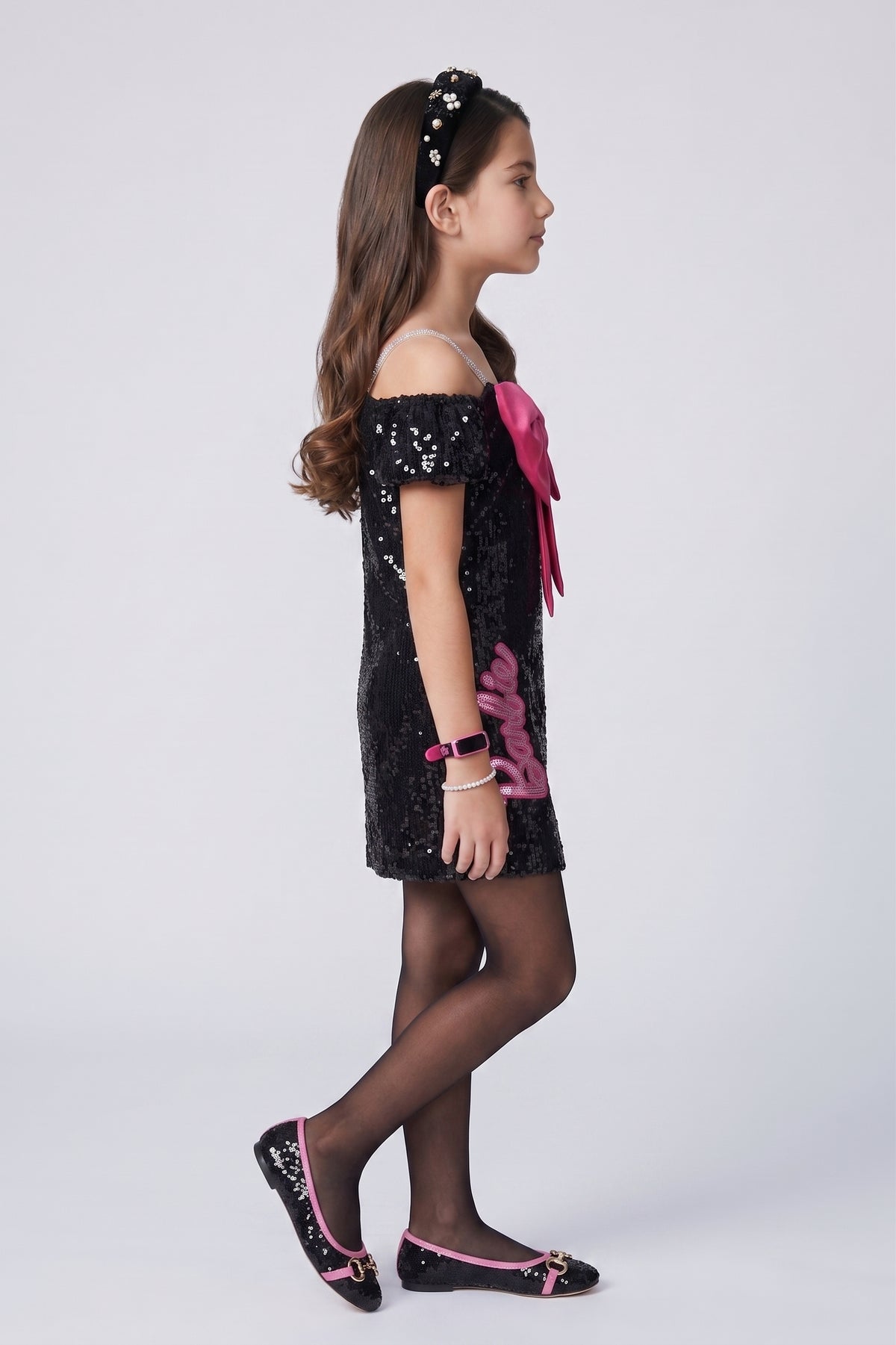 Barbie Girls Black Sequin Off-Shoulder Dress with Pink Bow BAM1245