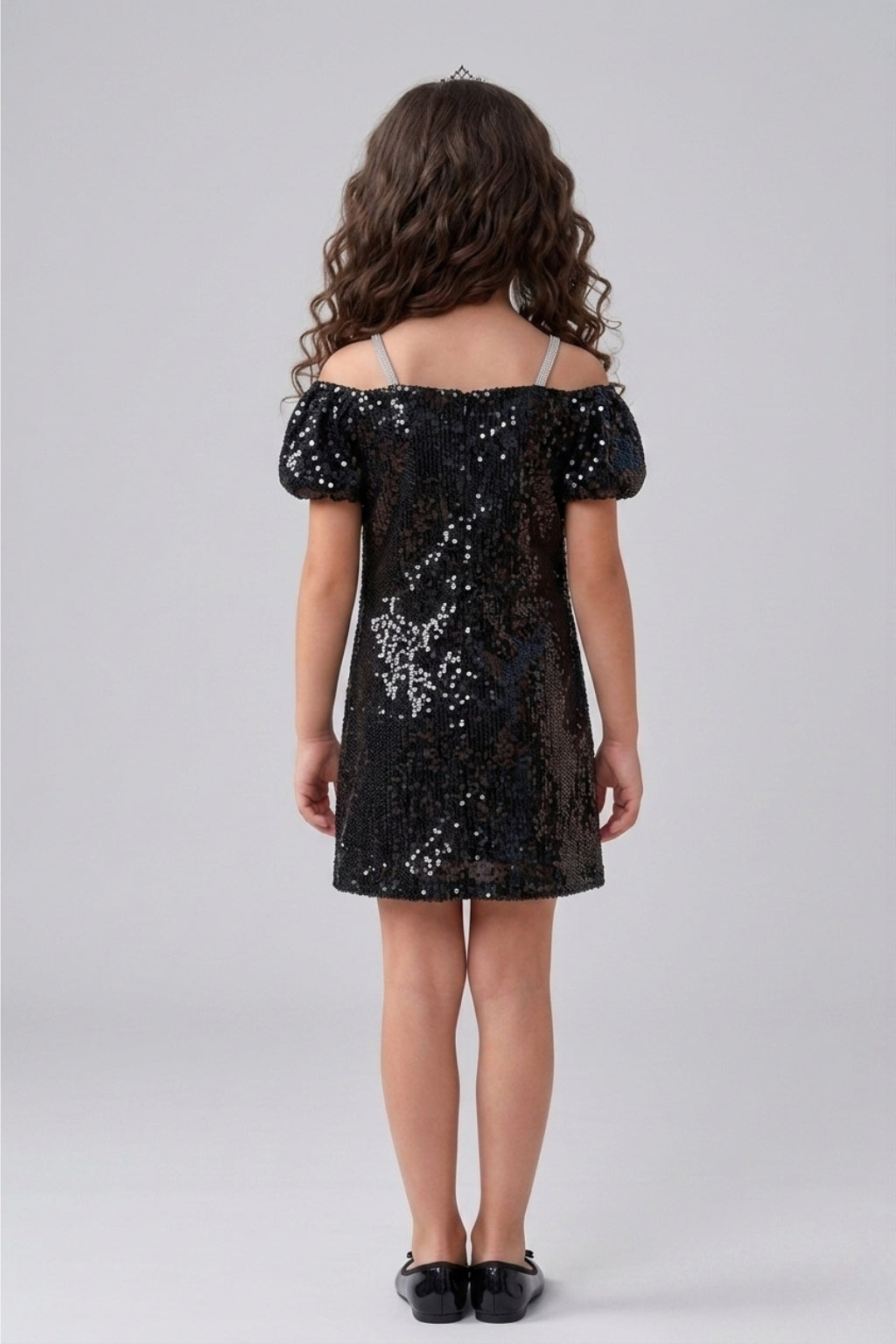 Barbie Girls Black Sequin Off-Shoulder Dress with Pink Bow BAM1245