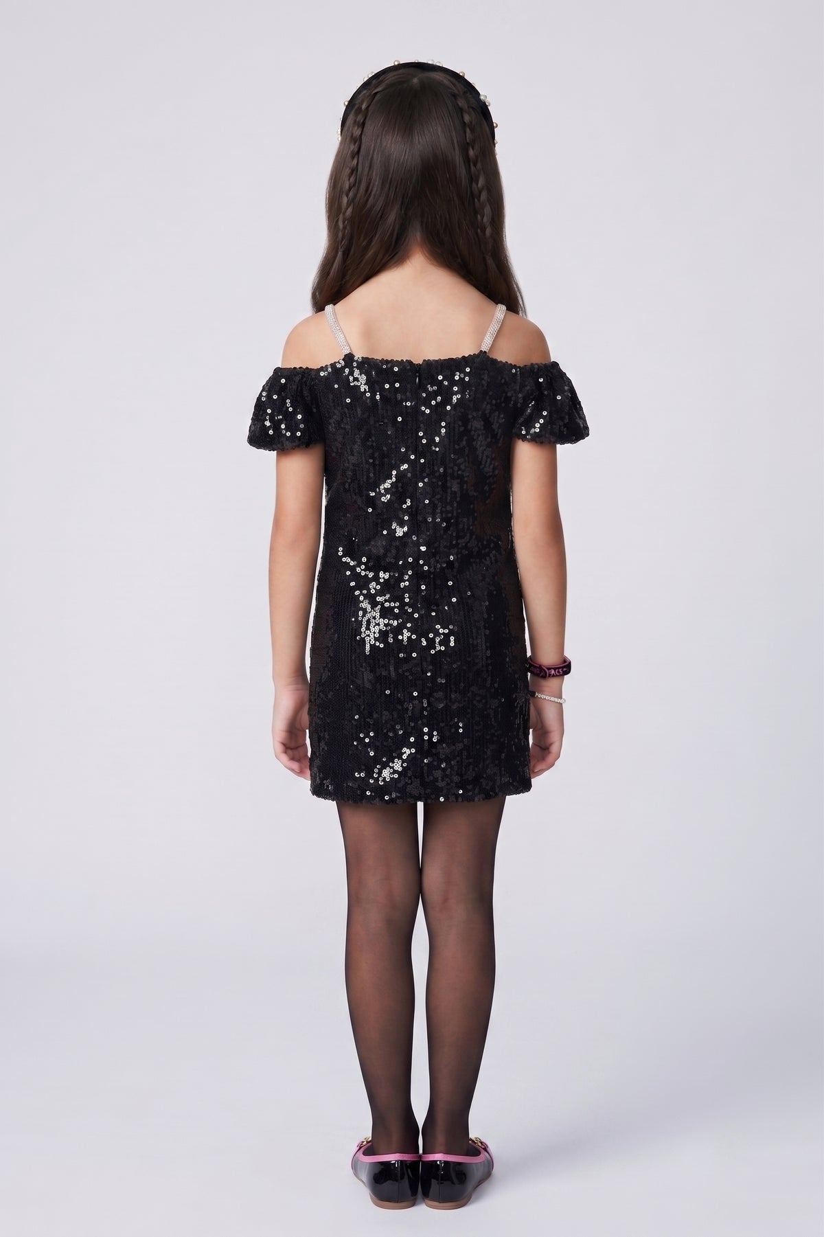Barbie Girls Black Sequin Off-Shoulder Dress with Pink Bow BAM1245