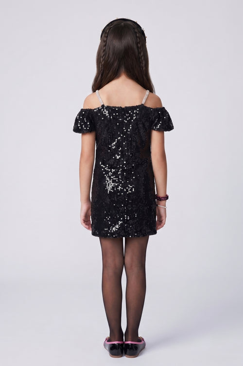 Barbie Girls Black Sequin Off-Shoulder Dress with Pink Bow BAM1245