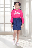Barbie Pink Top & Denim Skirt Co-ord Set for Girls | Casual Western Wear