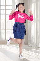 Barbie Pink Top & Denim Skirt Co-ord Set for Girls | Casual Western Wear