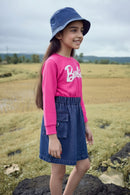 Barbie Girl Pink Top & Denim Skirt Co-ord Set for Girls | Casual Western Wear