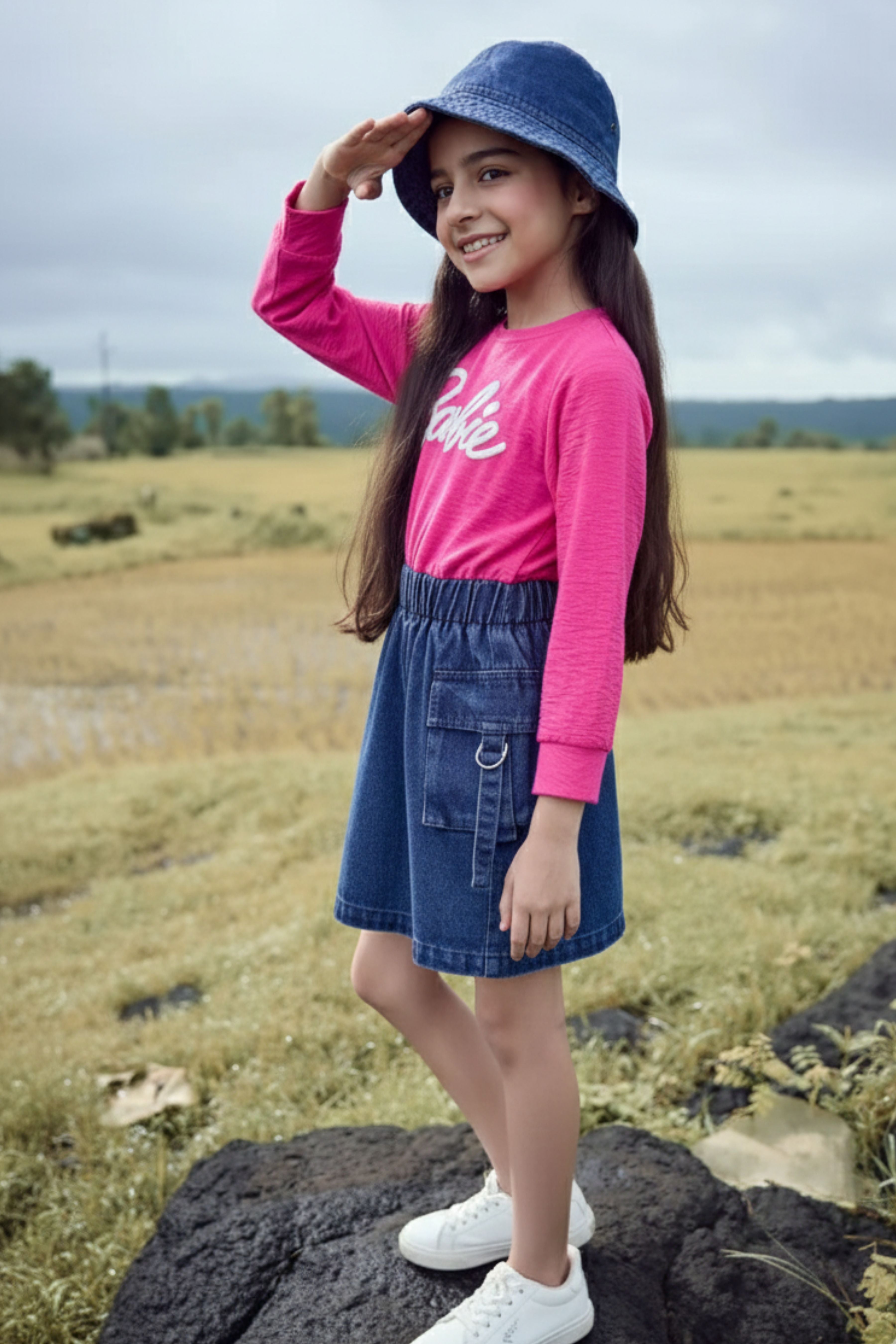 Barbie Girl Pink Top & Denim Skirt Co-ord Set for Girls | Casual Western Wear