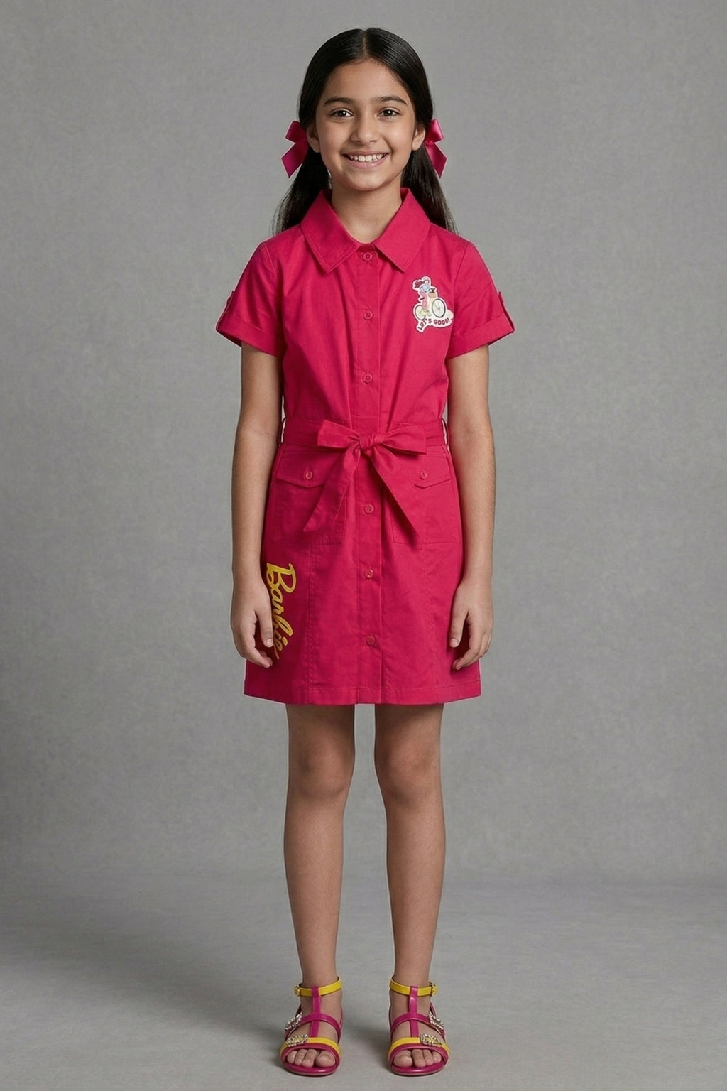 Barbie Hot Pink Collared Shirt Dress with Waist Tie BAM1267
