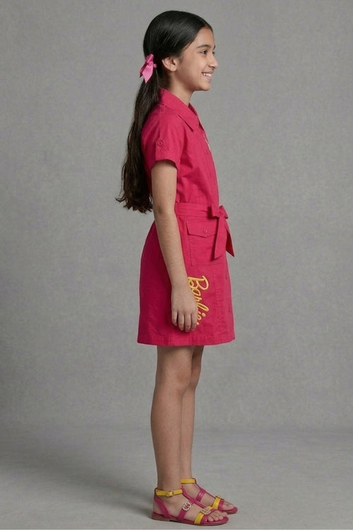 Barbie Hot Pink Collared Shirt Dress with Waist Tie BAM1267