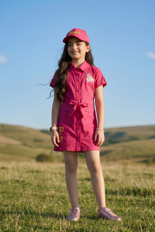 Barbie Hot Pink Collared Shirt Dress with Waist Tie BAM1267