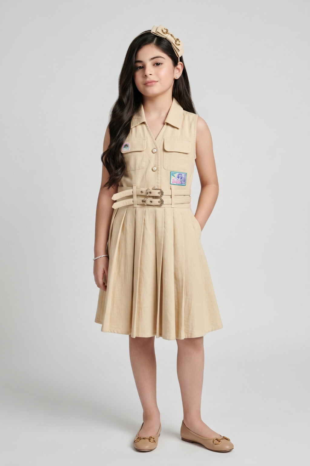 Barbie Beige Sleeveless Belted Pleated Dress BAM1273