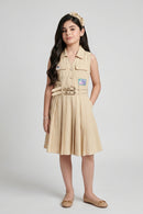 Barbie Beige Sleeveless Belted Pleated Dress BAM1273