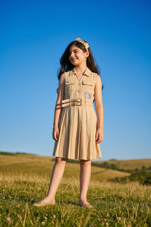 Barbie Beige Sleeveless Belted Pleated Dress BAM1273