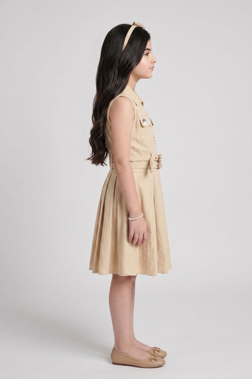 Barbie Beige Sleeveless Belted Pleated Dress BAM1273