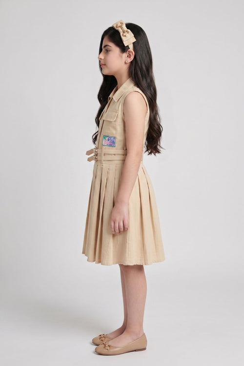 Barbie Beige Sleeveless Belted Pleated Dress BAM1273
