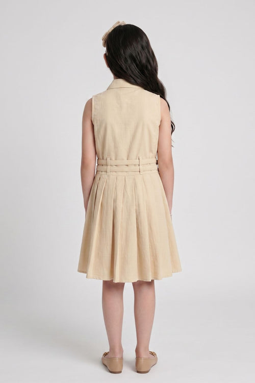Barbie Beige Sleeveless Belted Pleated Dress BAM1273