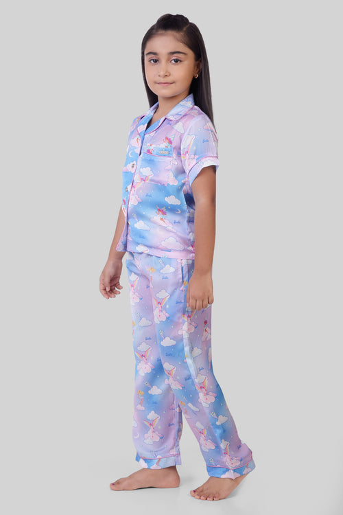 Barbie Blue & Lavender Print Satin Night Suit Set BANS0021