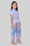 Barbie Blue & Lavender Print Satin Night Suit Set BANS0021