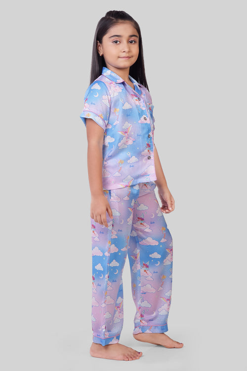 Barbie Blue & Lavender Print Satin Night Suit Set BANS0021
