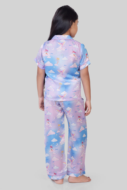 Barbie Blue & Lavender Print Satin Night Suit Set BANS0021