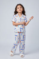 White Typography Print Shirt & Pant Nighsuit Set BANS0022