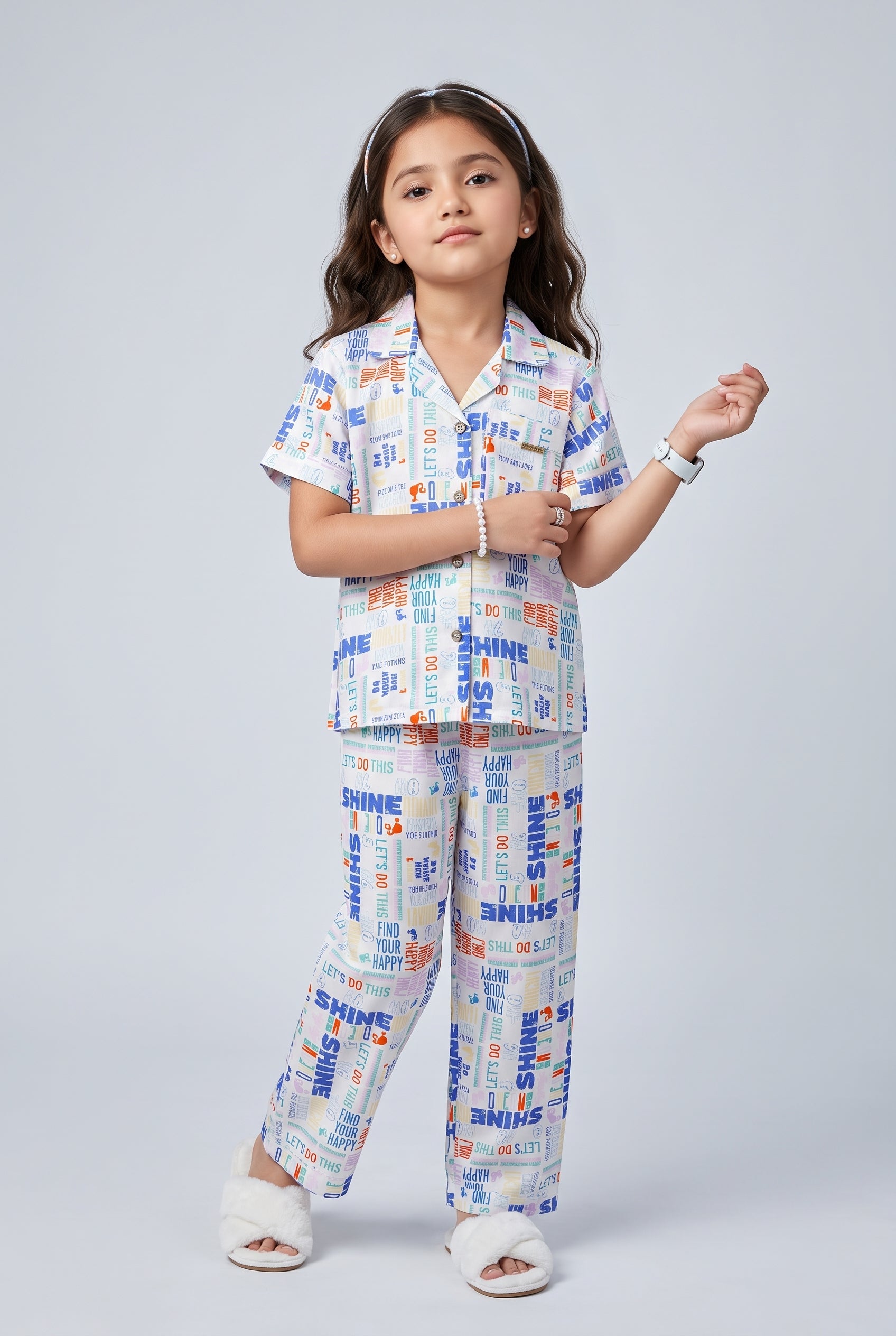 White Typography Print Shirt & Pant Nighsuit Set BANS0022