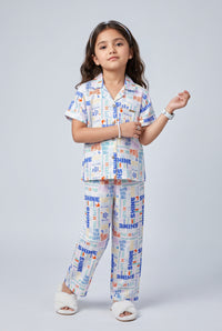 White Typography Print Shirt & Pant Nighsuit Set BANS0022