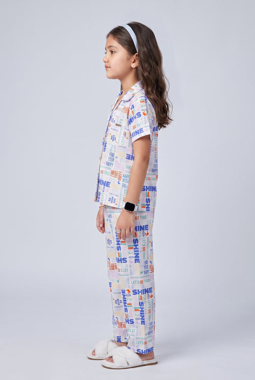 White Typography Print Shirt & Pant Nighsuit Set BANS0022