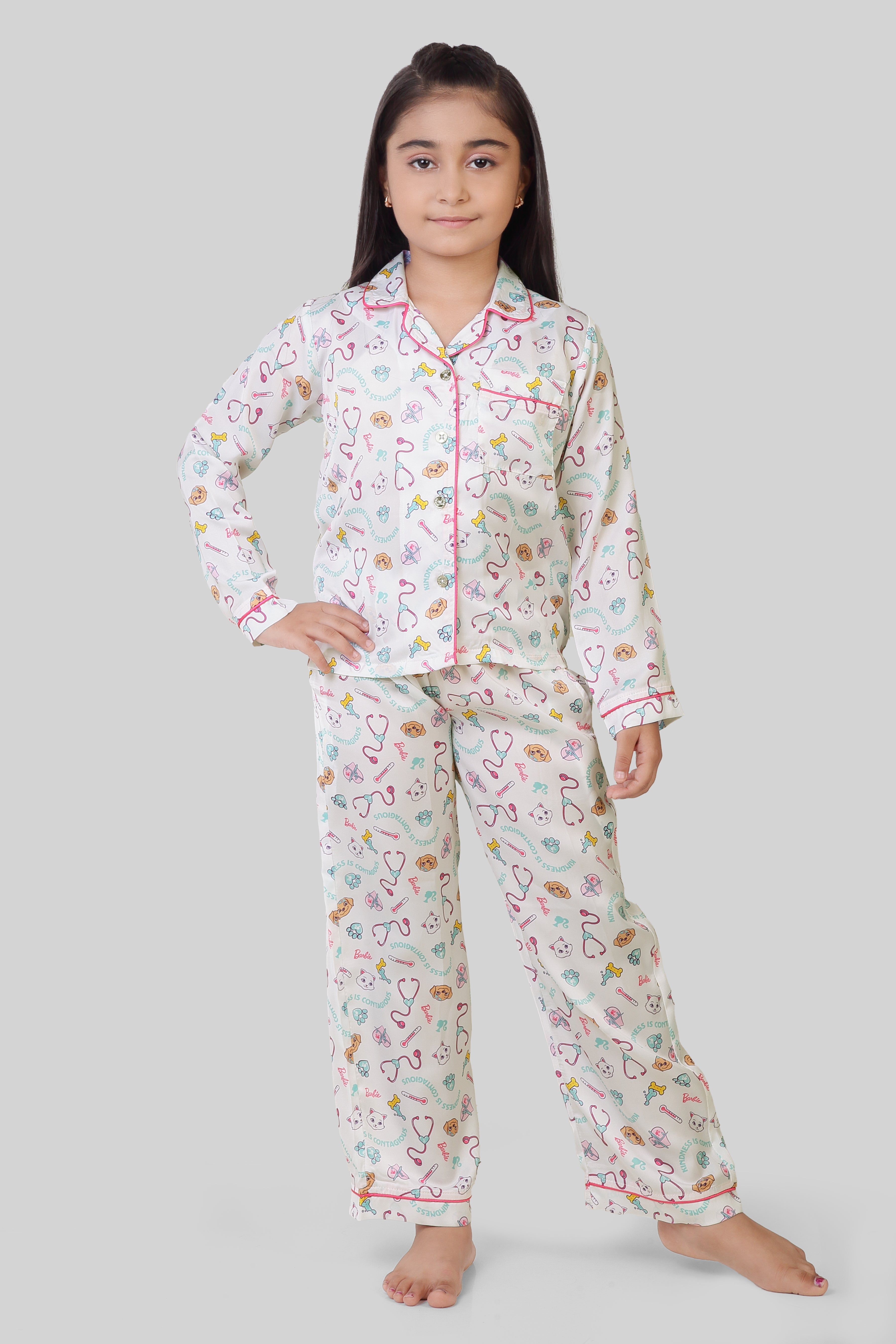 Barbie White Printed Night Suit for Girls