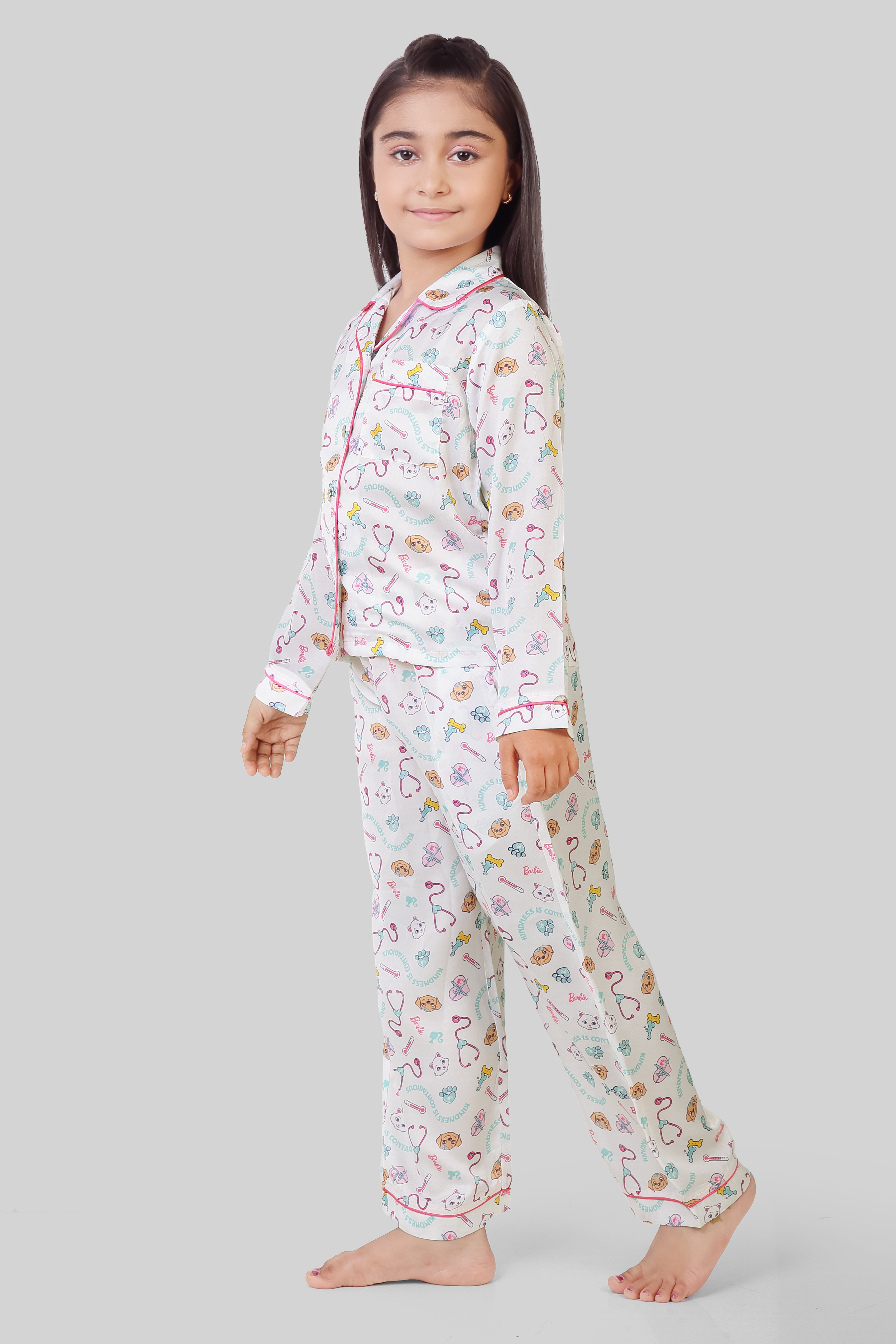 Barbie White Printed Night Suit for Girls