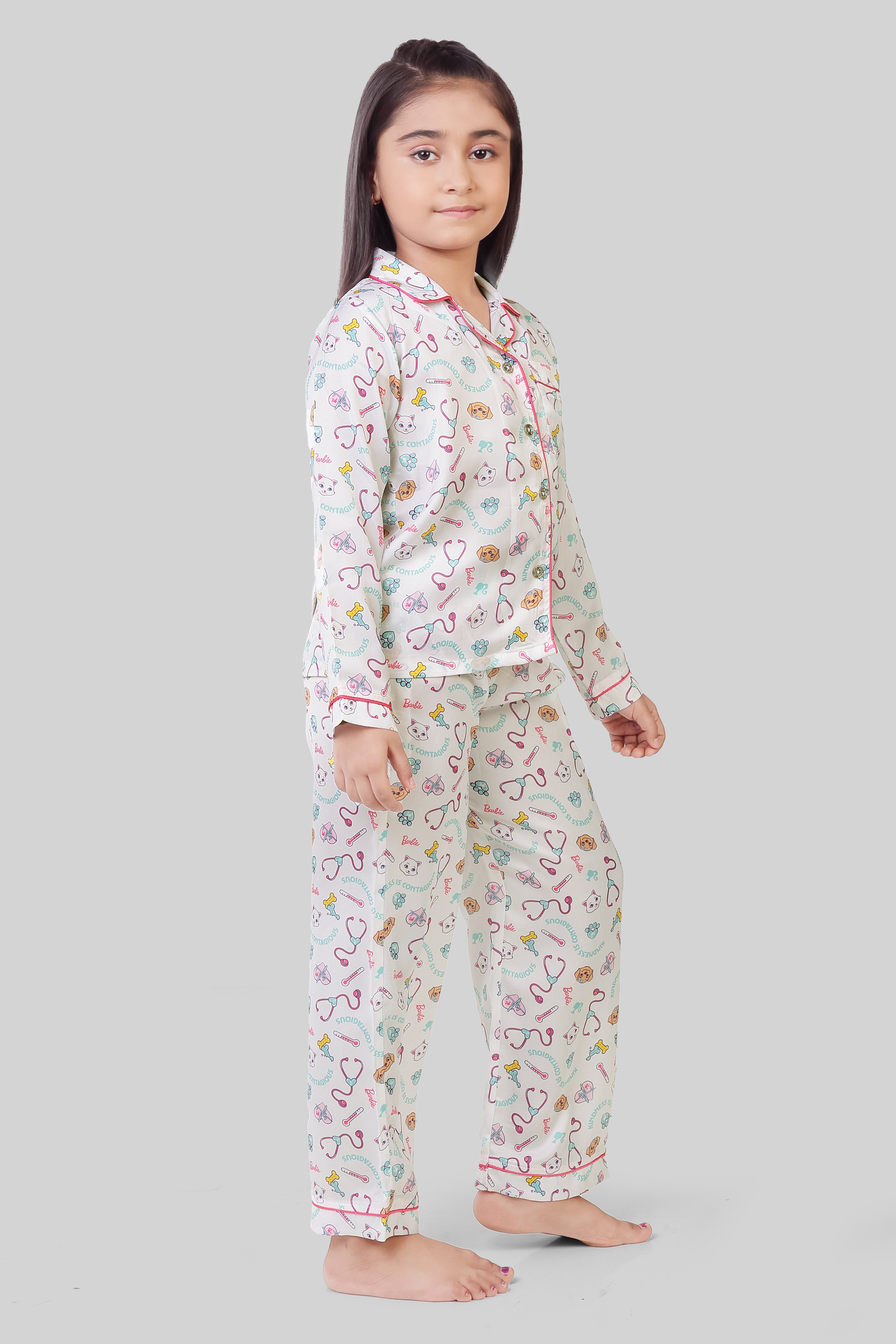 Barbie White Printed Night Suit for Girls