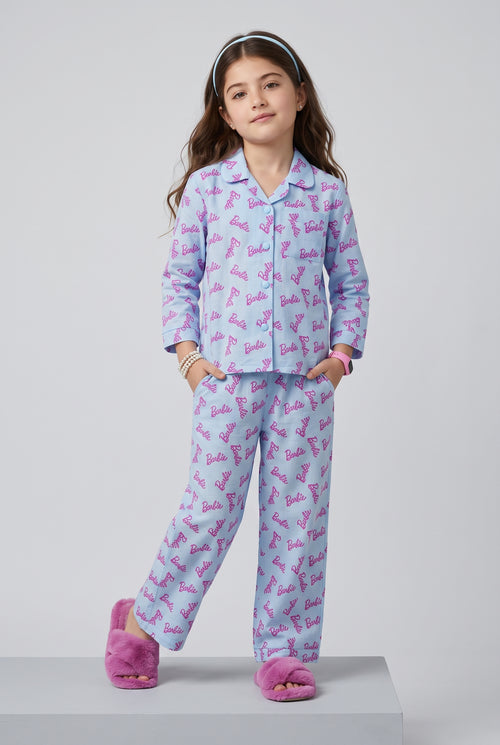 Barbie Sky Blue Logo Print Shirt & Pant Nightsuit Set BANS0028