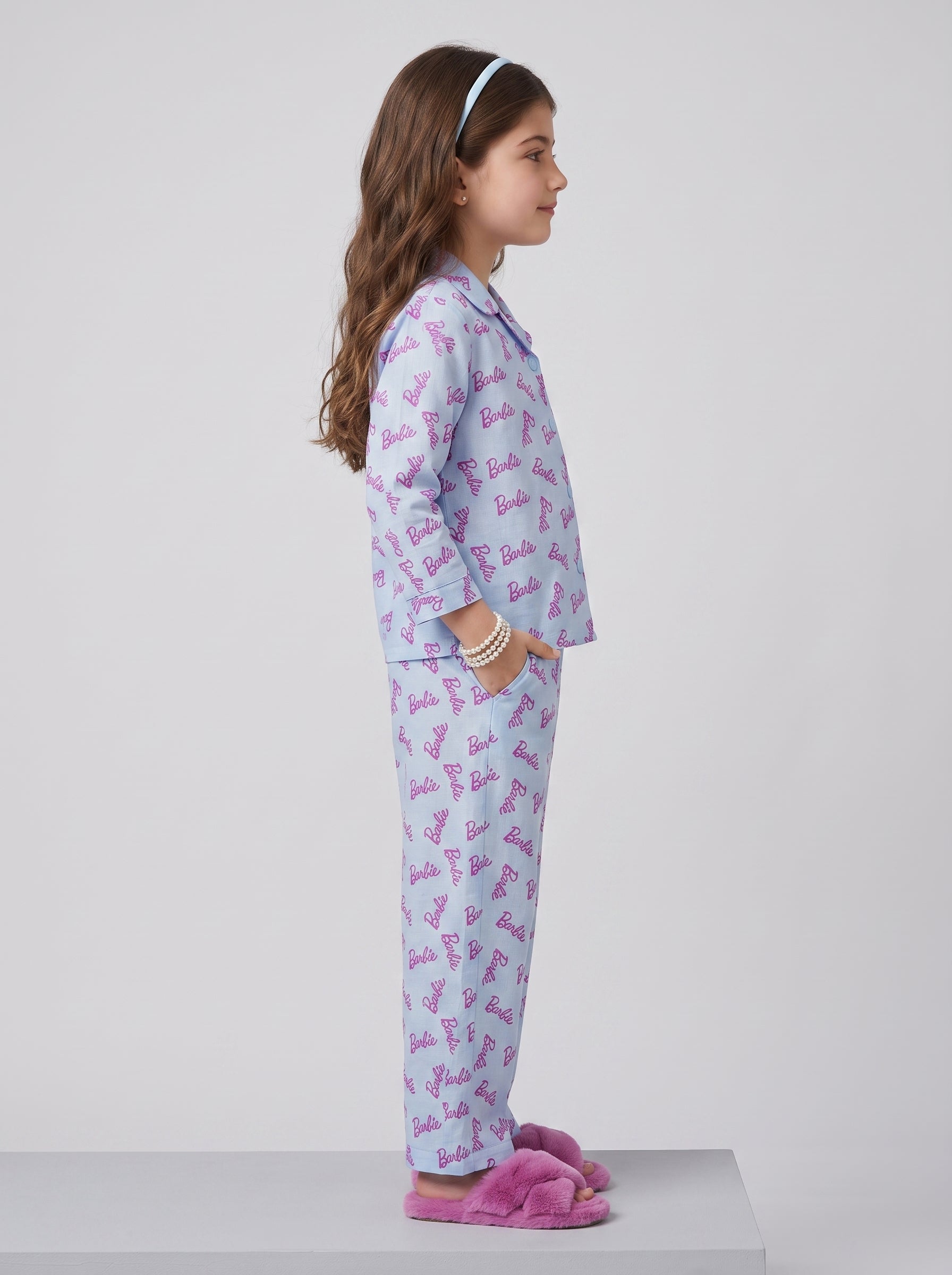 Barbie Sky Blue Logo Print Shirt & Pant Nightsuit Set BANS0028
