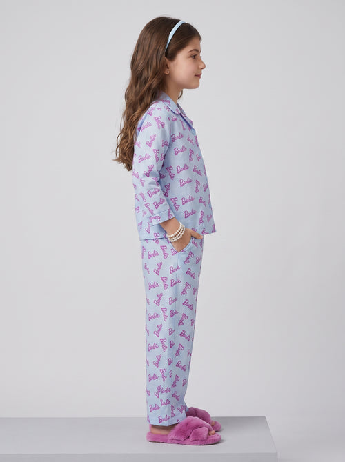 Barbie Sky Blue Logo Print Shirt & Pant Nightsuit Set BANS0028