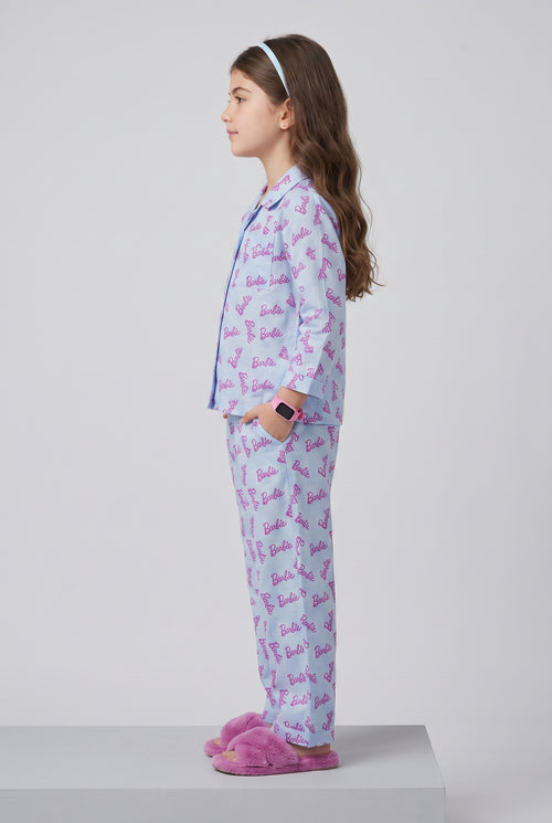Barbie Sky Blue Logo Print Shirt & Pant Nightsuit Set BANS0028