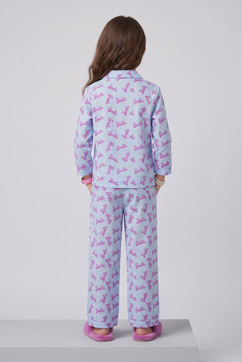 Barbie Sky Blue Logo Print Shirt & Pant Nightsuit Set BANS0028