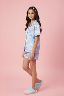 Purple-Blue Unicorn Cloud Print Satin Shirt & Shorts Night Suit BANS00323
