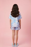 Purple-Blue Unicorn Cloud Print Satin Shirt & Shorts Night Suit BANS00323