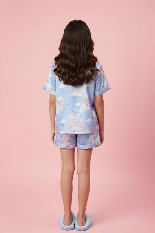 Purple-Blue Unicorn Cloud Print Satin Shirt & Shorts Night Suit BANS00323