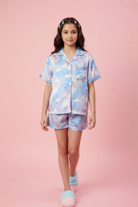 Purple-Blue Unicorn Cloud Print Satin Shirt & Shorts Night Suit BANS00323
