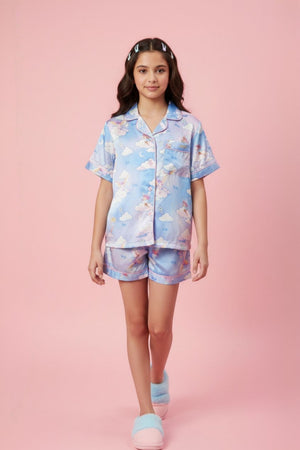 Purple-Blue Unicorn Cloud Print Satin Shirt & Shorts Night Suit BANS00323