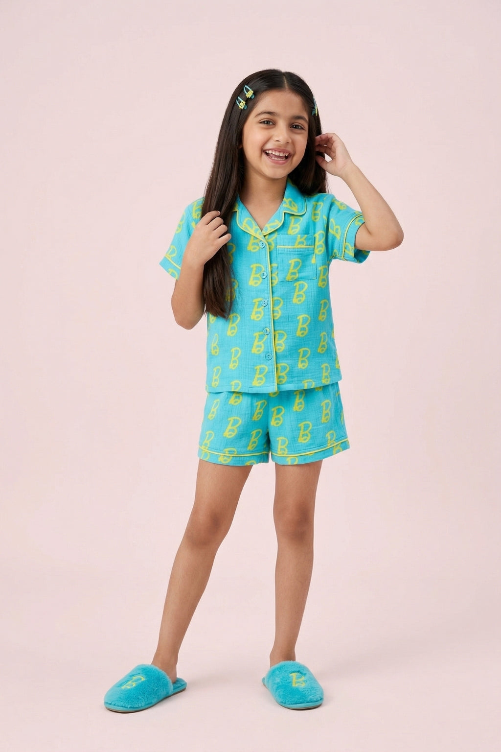 Barbie Blue & Yellow B Print Shirt & Shorts Nightsuit Set BANS0047