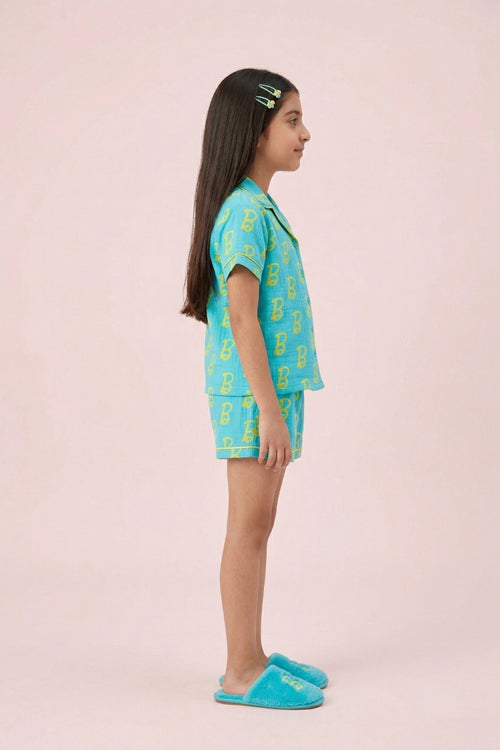 Barbie Blue & Yellow B Print Shirt & Shorts Nightwear Set BANS0047