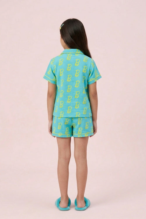 Barbie Blue & Yellow B Print Shirt & Shorts Nightwear Set BANS0047