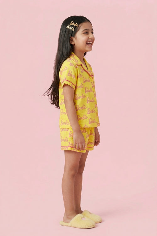 Barbie Yellow Logo Printed Shirt & Shorts Nightsuit Set BANS0048
