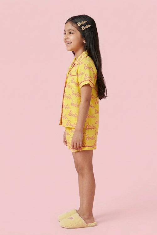 Barbie Yellow Logo Printed Shirt & Shorts Nightsuit Set BANS0048