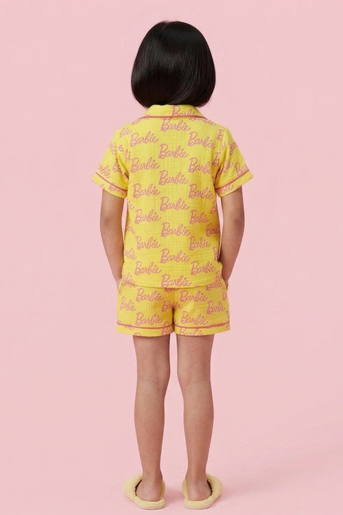 Barbie Yellow Logo Printed Shirt & Shorts Nightsuit Set BANS0048