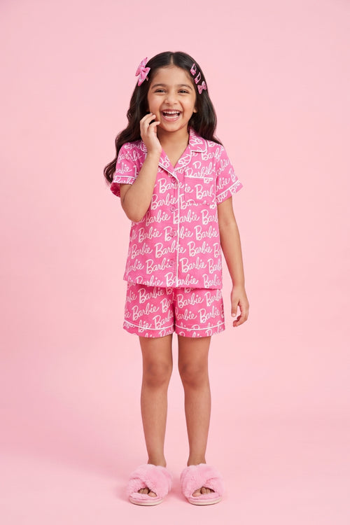 Barbie Pink Logo Printed Shirt & Shorts Nightsuit Set BANS0049