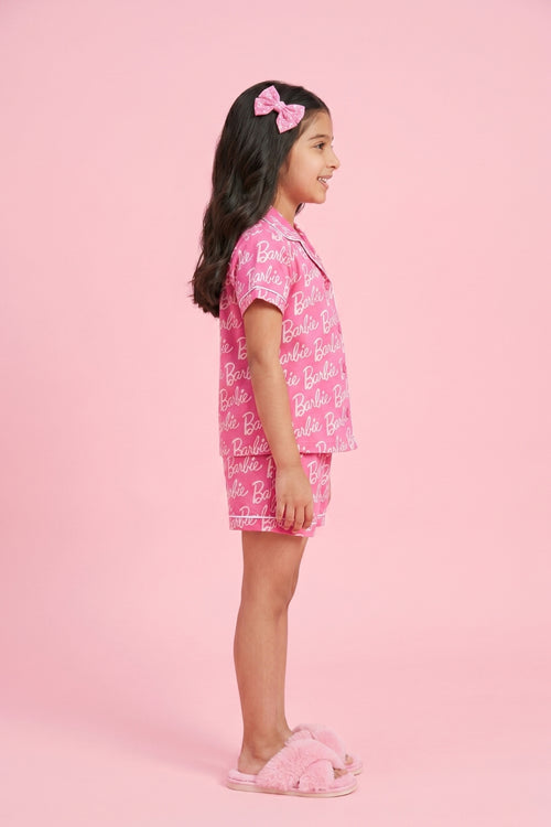 Barbie Pink Logo Printed Shirt & Shorts Nightsuit Set BANS0049