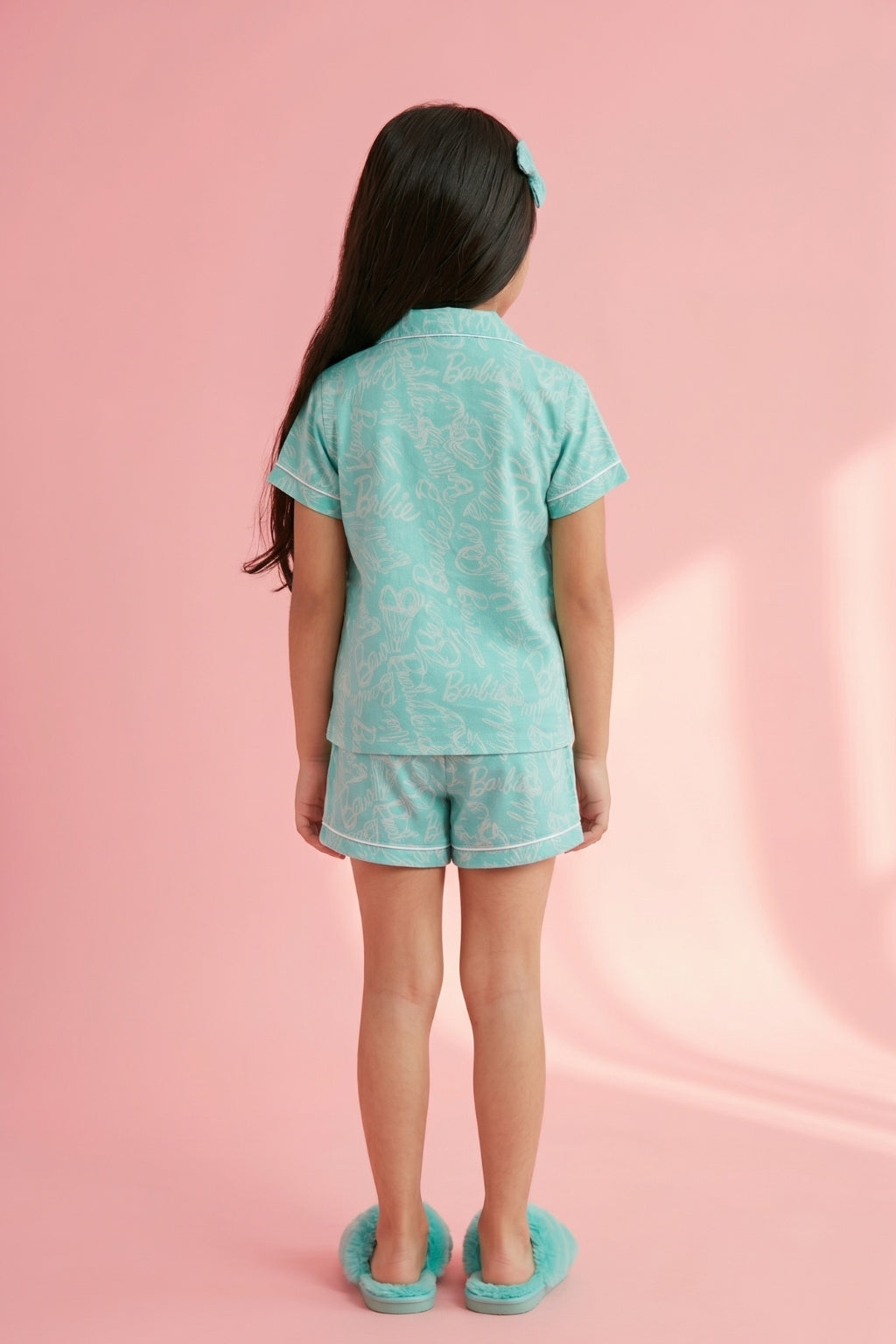 Barbie Aqua Blue Logo Printed Shirt & Shorts Nightsuit Set BANS0050