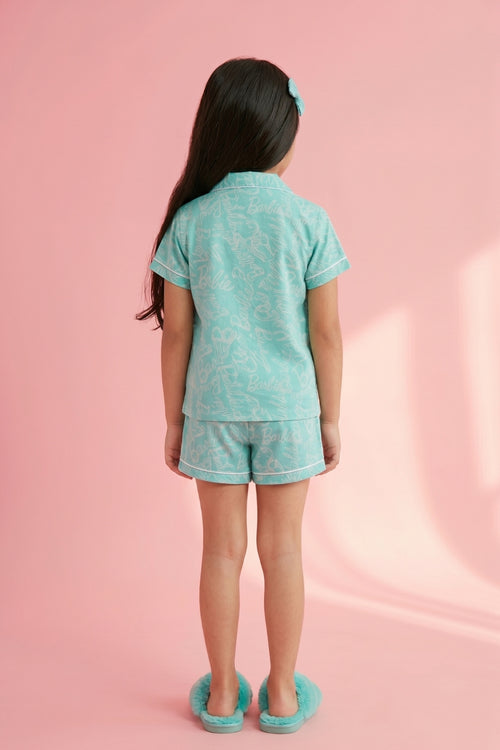 Barbie Aqua Blue Logo Printed Shirt & Shorts Nightwear Set BANS0050