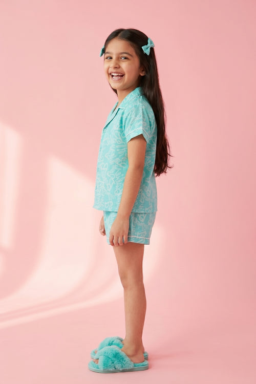 Barbie Aqua Blue Logo Printed Shirt & Shorts Nightwear Set BANS0050